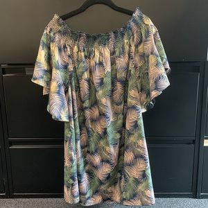 NWT-Blue Island Off-Shoulder Feather Print Dress-M